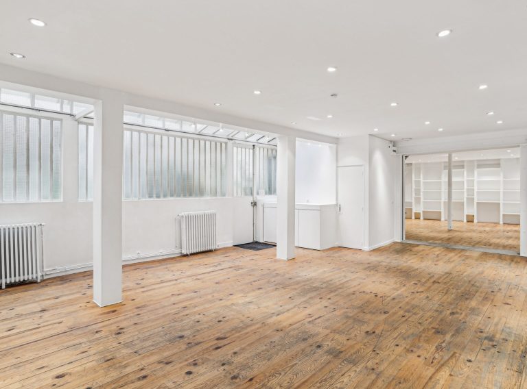 Bright ground-floor showroom under skylight, timber floor, Cité Dupetit-Thouars, Marais Paris