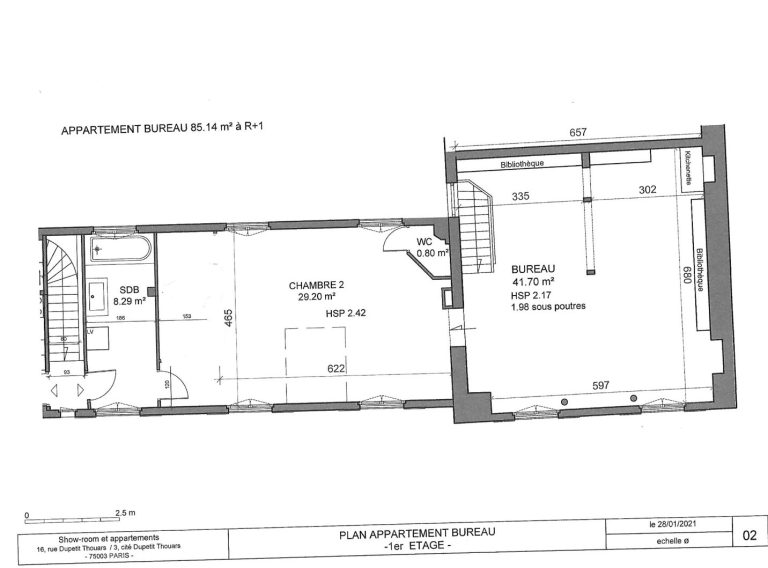 First floor plan 85 m² with ancillary rooms, Marais showroom