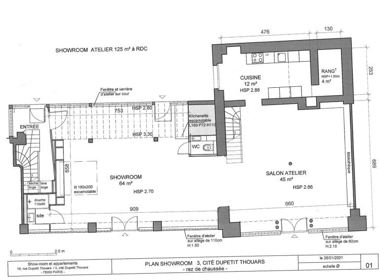Ground floor plan 125 m² of showroom at Cité Dupetit-Thouars Paris 3