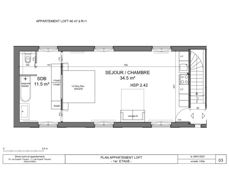 Upper loft/apartment plan with lounge and bathroom, Paris showroom
