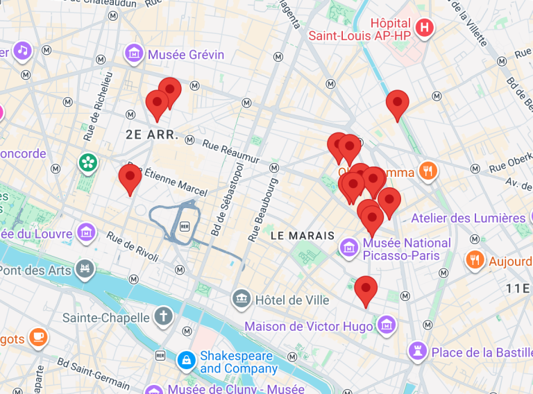 Interactive map of 14 AMONT Showroom and Pop-Up Store locations in the Marais, Sentier, and Louvre districts of Paris.