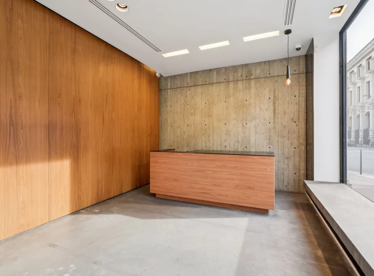 Minimalist ground floor with wood counter, wood wall and raw concrete floor.